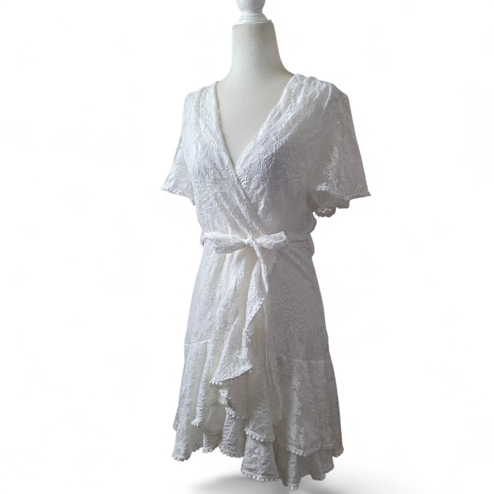 Halfisland White Lace Embroidered Wrap Mini Dress